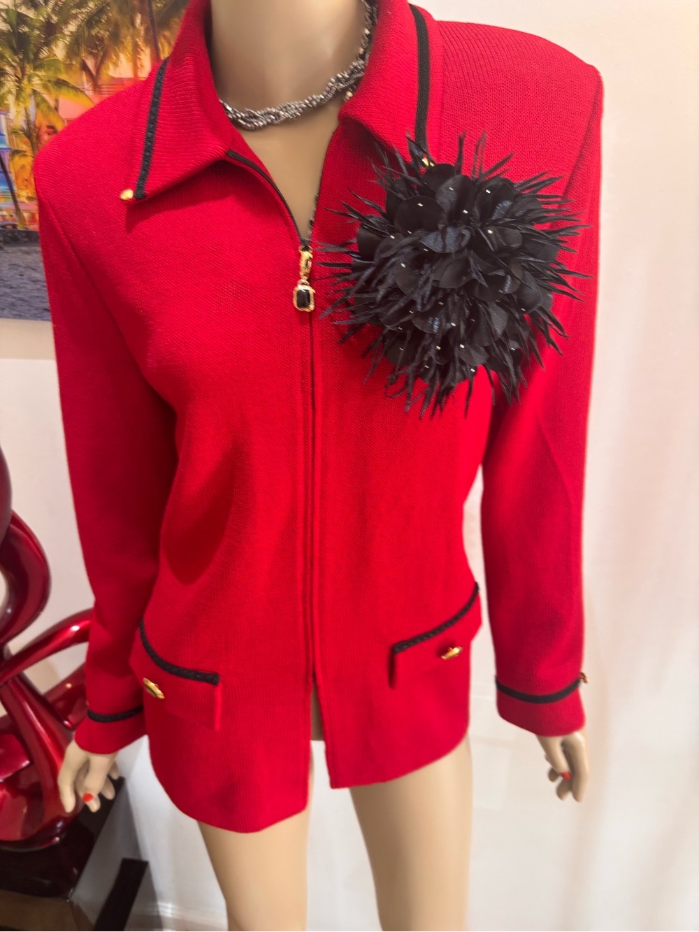 St. John Red Zip Blazer gold buttons embellished career 10 M jacket